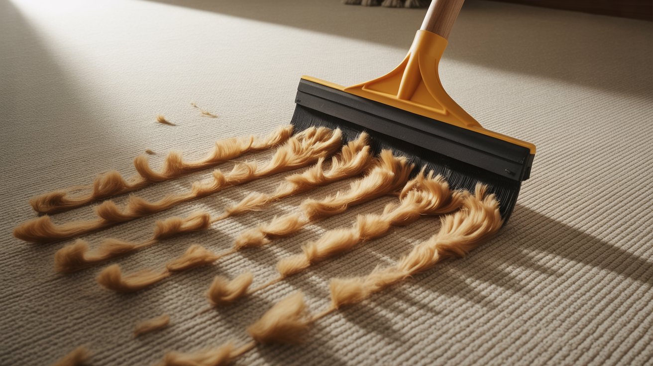 A broom is actively sweeping dirt off a patterned carpet in a well-lit room.