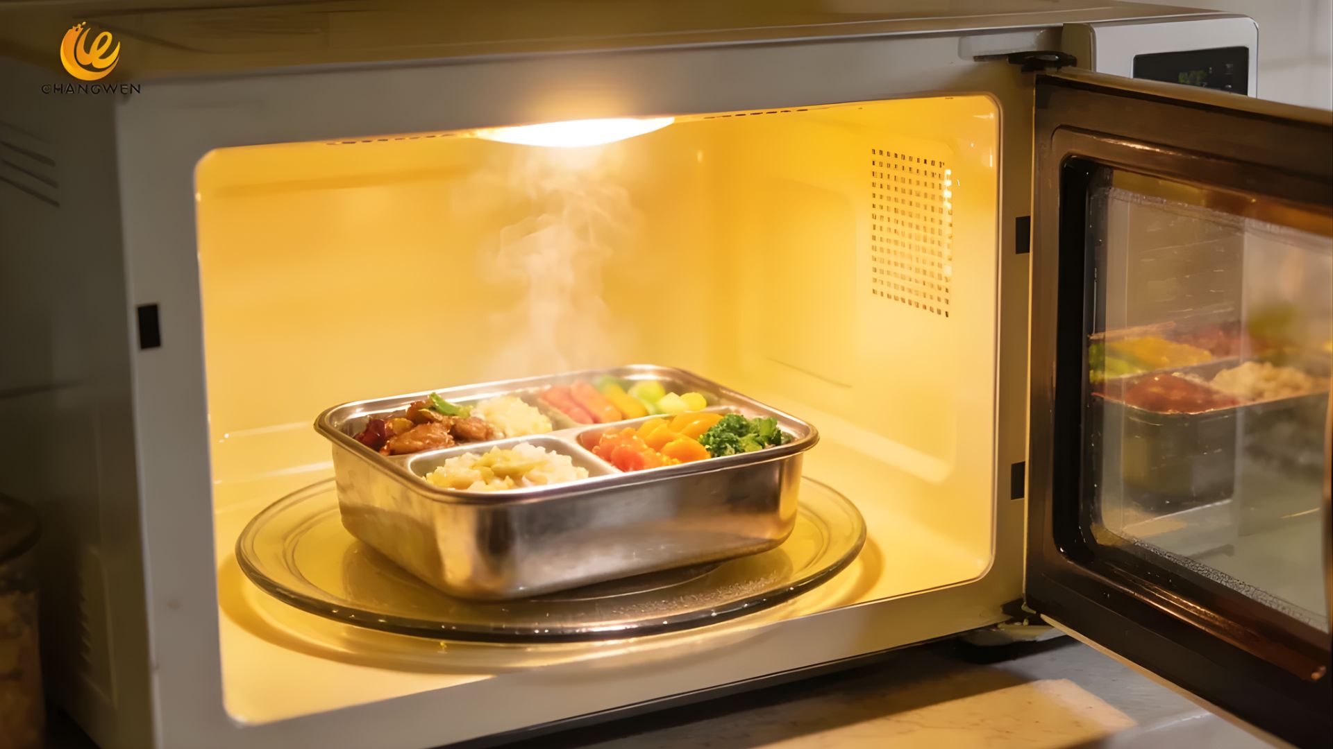 Microwave oven with food inside, showcasing a meal being heated for cooking or reheating purposes.