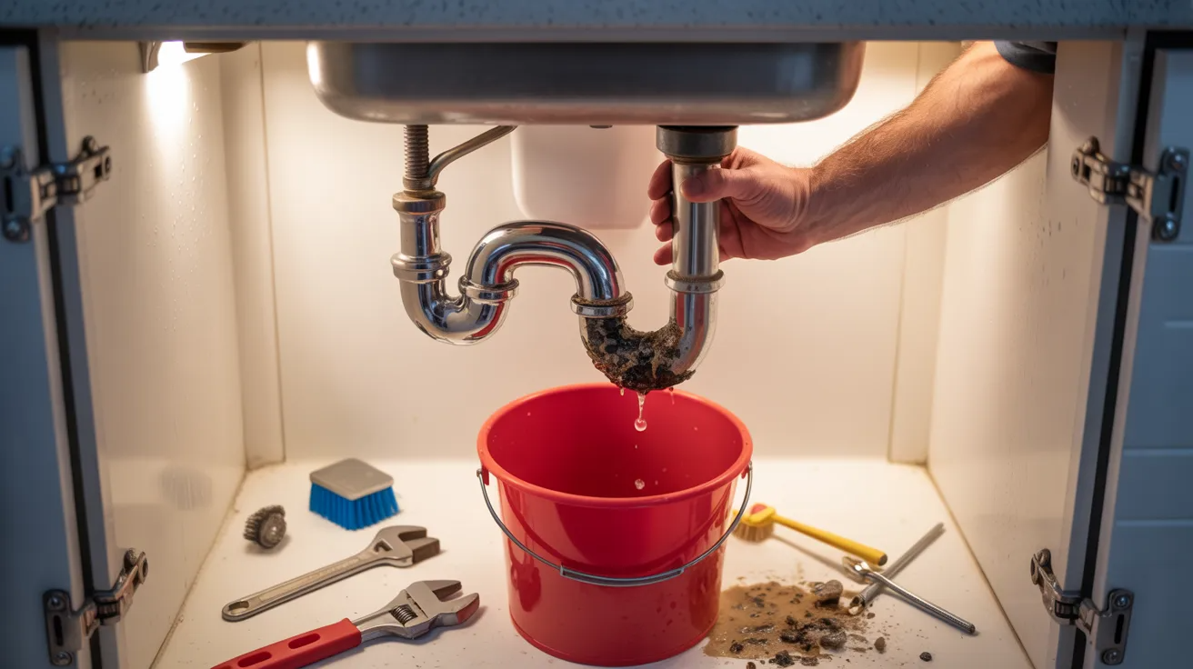 Person removing and cleaning kitchen sink P-trap pipe to clear blockage.