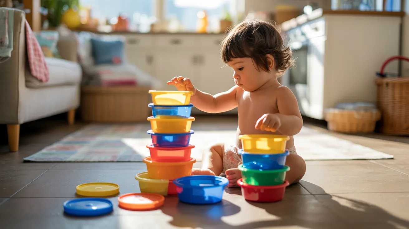 A baby joyfully playing with colorful plastic containers on a soft surface, exploring and stacking them.