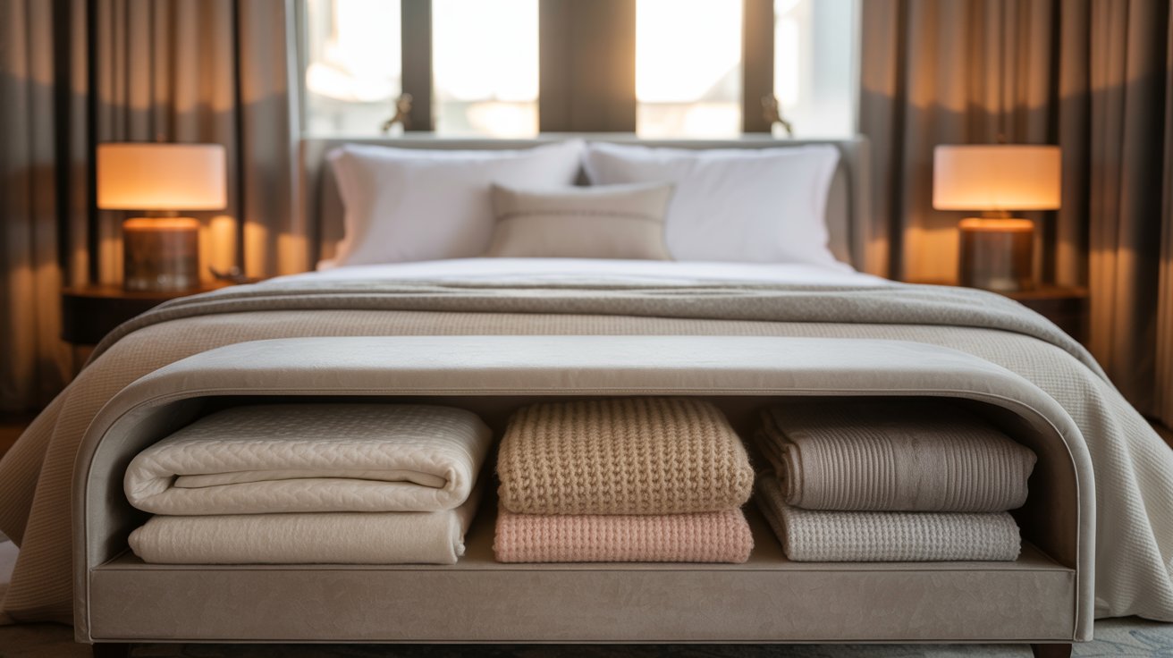 A curved upholstered bedroom bench with open storage shelf holding stacks of folded blankets.