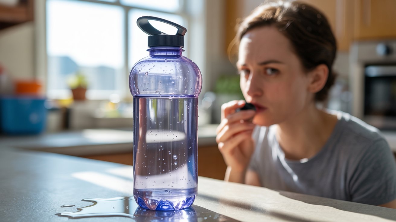 "Reusable water bottle with bad smell being inspected in a kitchen, showing moisture and residue buildup inside"