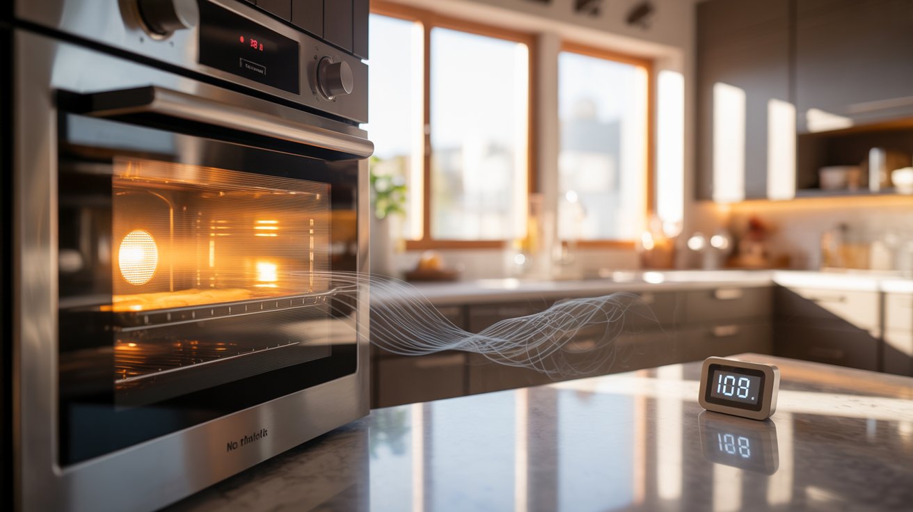 Cozy kitchen oven preheating with timer, warm light, modern interior, realistic cinematic cooking scene