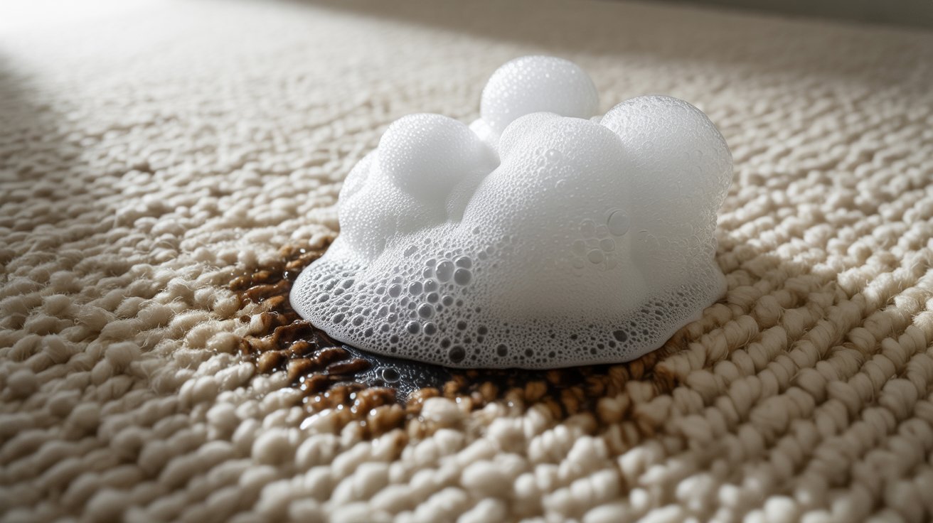 A white foam ball resting on a textured carpet surface.