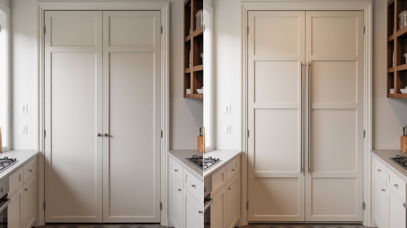 A modern kitchen featuring white cabinets and a door, showcasing a clean and bright design.