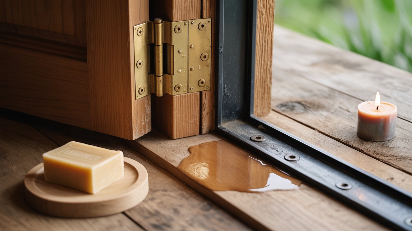 Close-up of door hinge and edge with soap and candle used as lubricant to reduce sticking friction