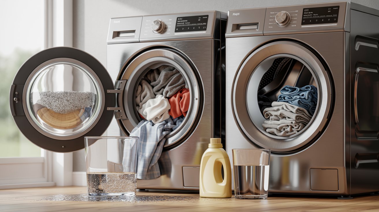 Ultra realistic laundry room concept showing washing machine loads water hardness and machine types illustrating factors affecting detergent quantity