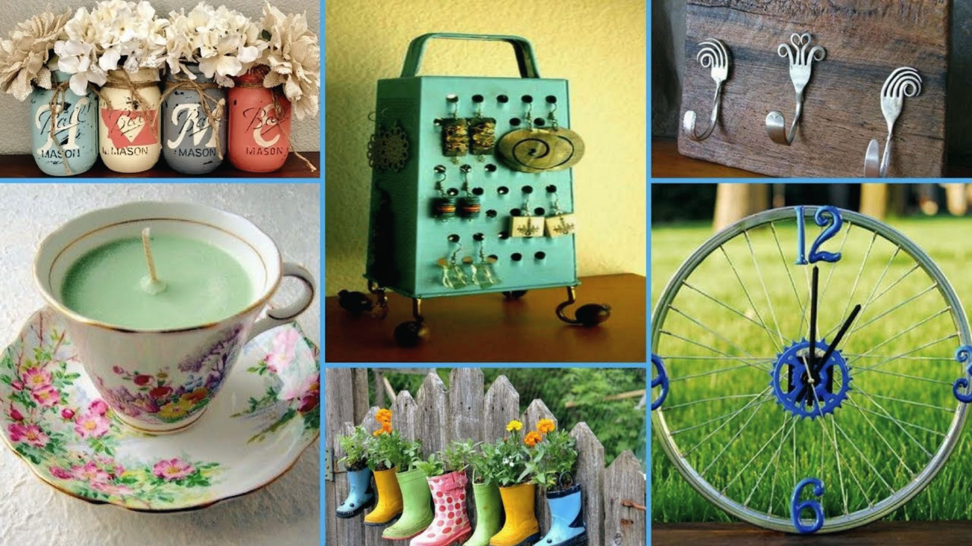 Upcycle everyday items into budget decor: mason jars, bike wheels, forks, teacups, and boots.