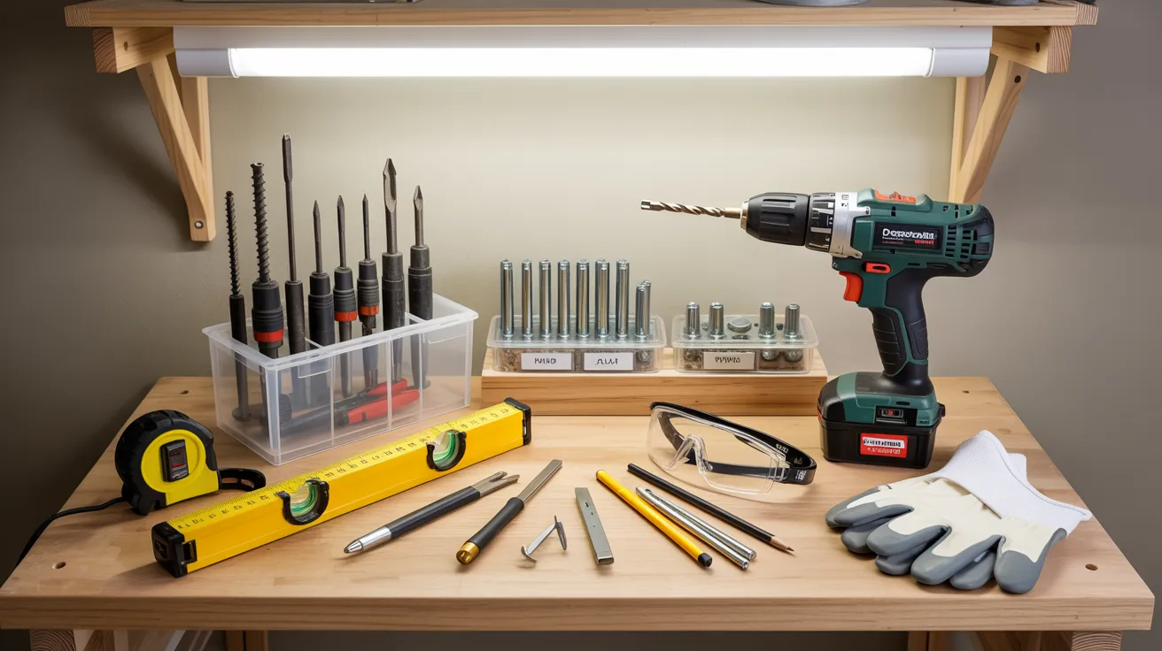DIY tools laid out for installing wall cabinets including drill, level, anchors, and safety gear.