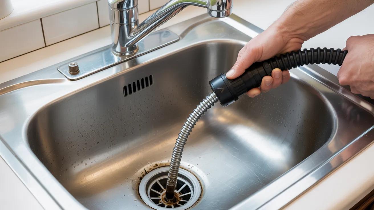 Drain snake being used to remove deep clog inside kitchen sink pipe.