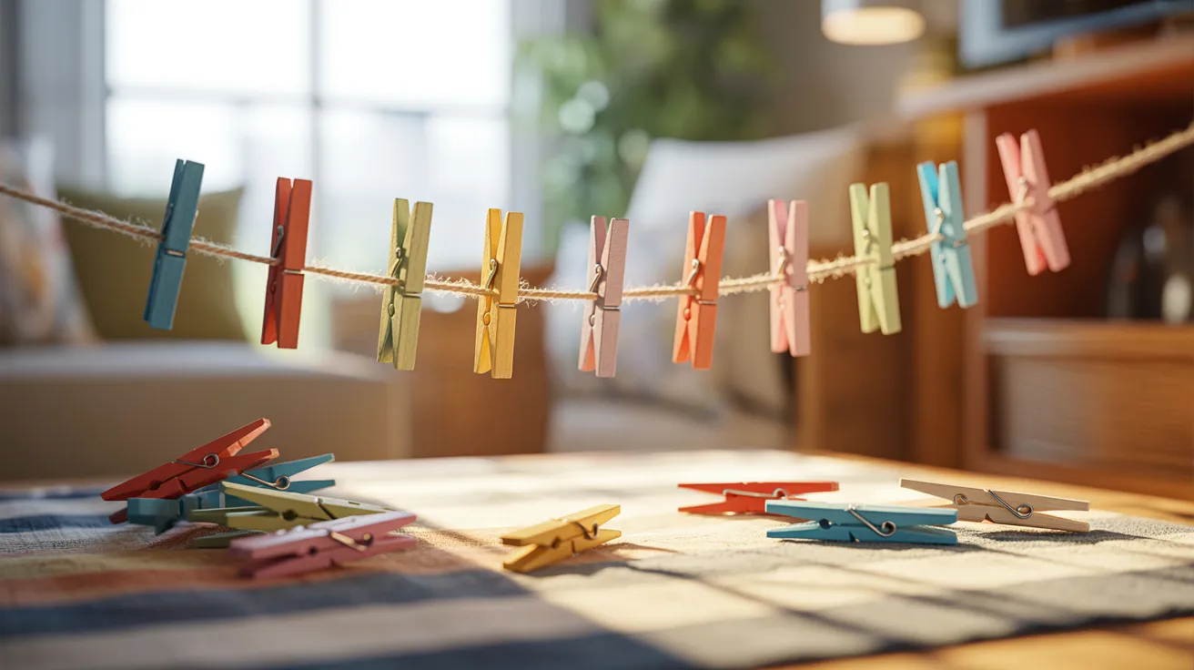 A row of colorful clothes pegs hanging on a clothesline against a clear blue sky.
