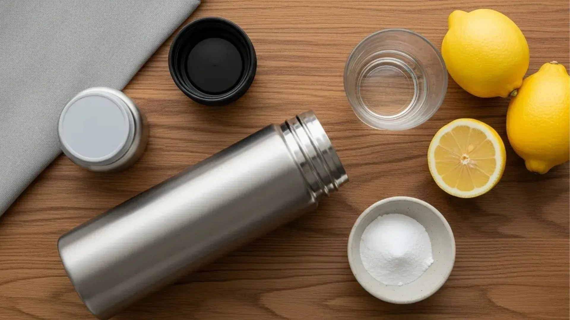 Flat lay of stainless steel bottle, lids, glass of water, lemons, and bowl of baking soda on wooden surface for deep cleaning.
