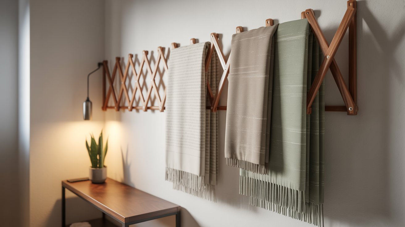 A wooden accordion wall rack with expandable arms hanging striped and solid throw blankets.