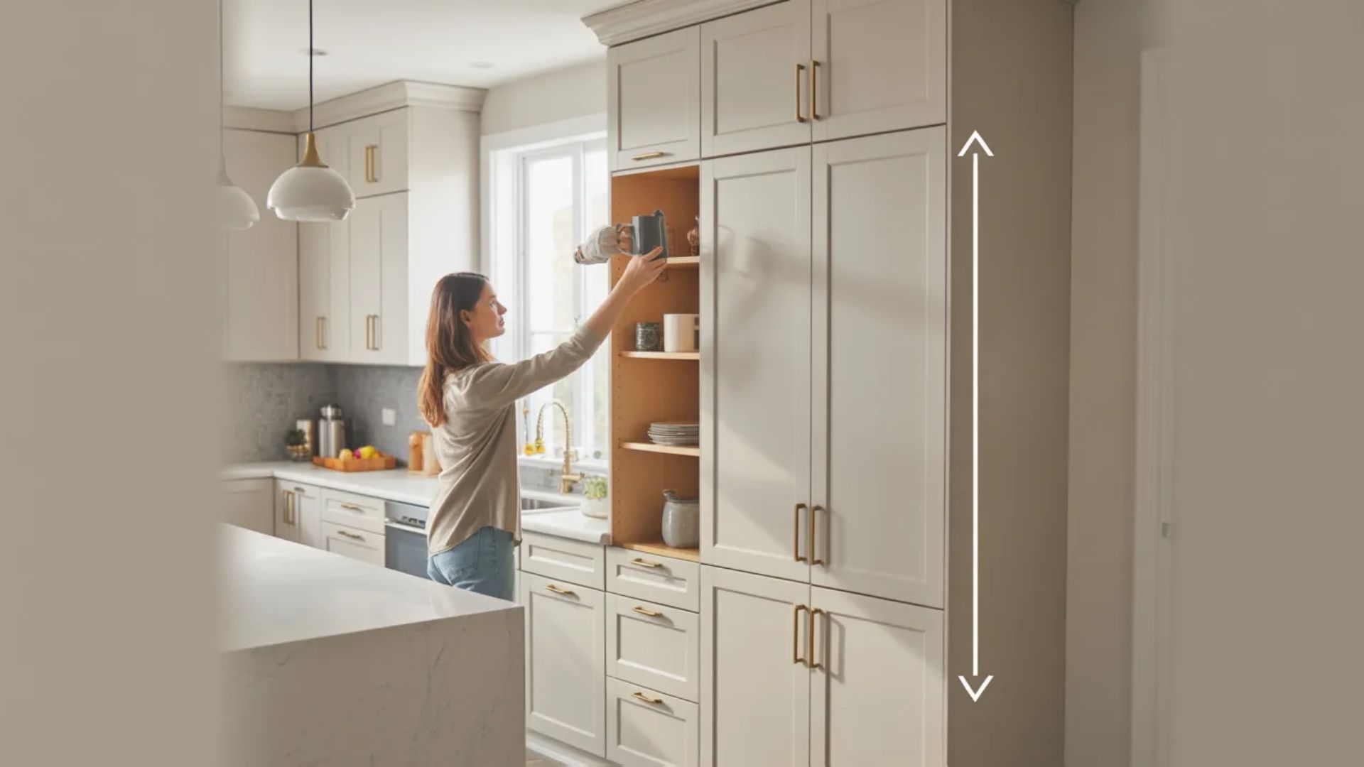 Modern kitchen showing upper cabinets and depth comparison affecting storage and accessibility.