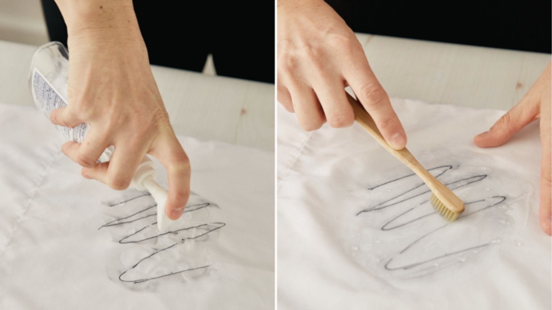 Applying cleaning solution to ink marks on white fabric, then scrubbing with a brush.