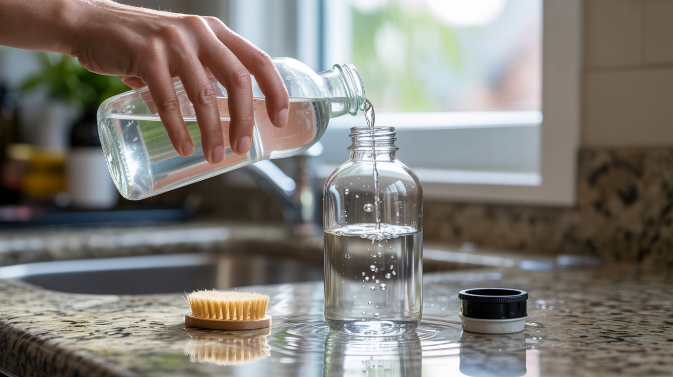 Hand pouring white vinegar into reusable water bottle for deep cleaning and removing strong odor buildup"