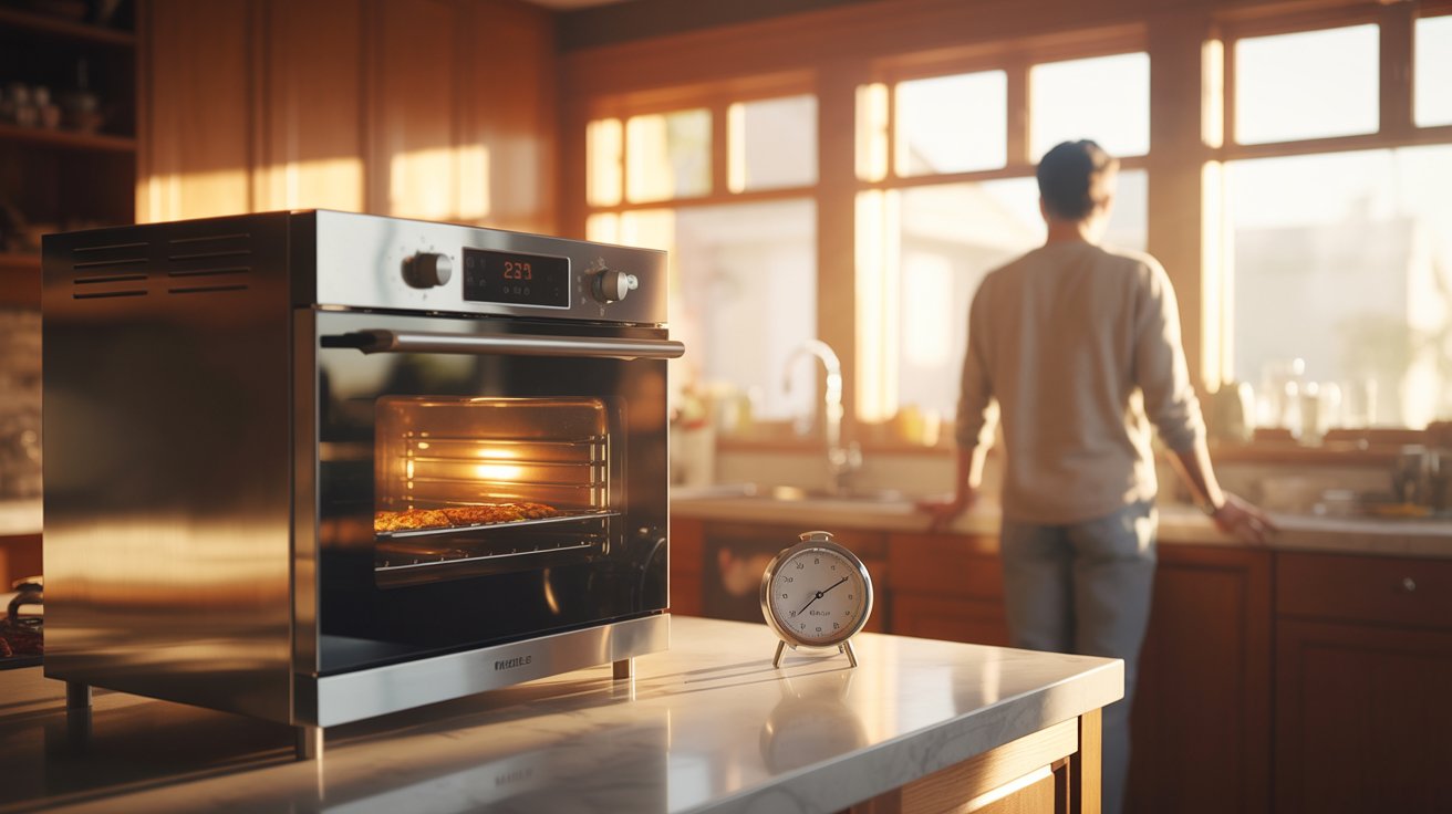 Cozy kitchen scene showing person waiting while oven preheats with timer and warm lighting ambience