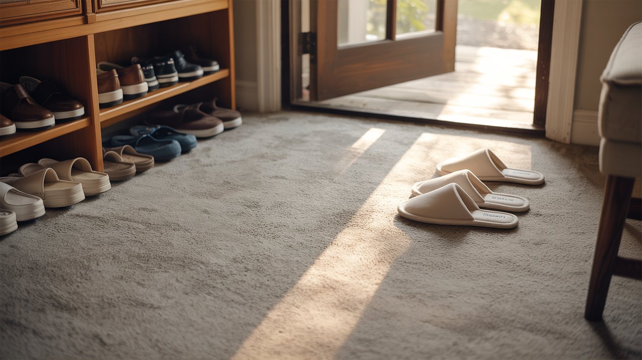 A pair of shoes placed on the floor beside an open door, indicating recent entry or exit.