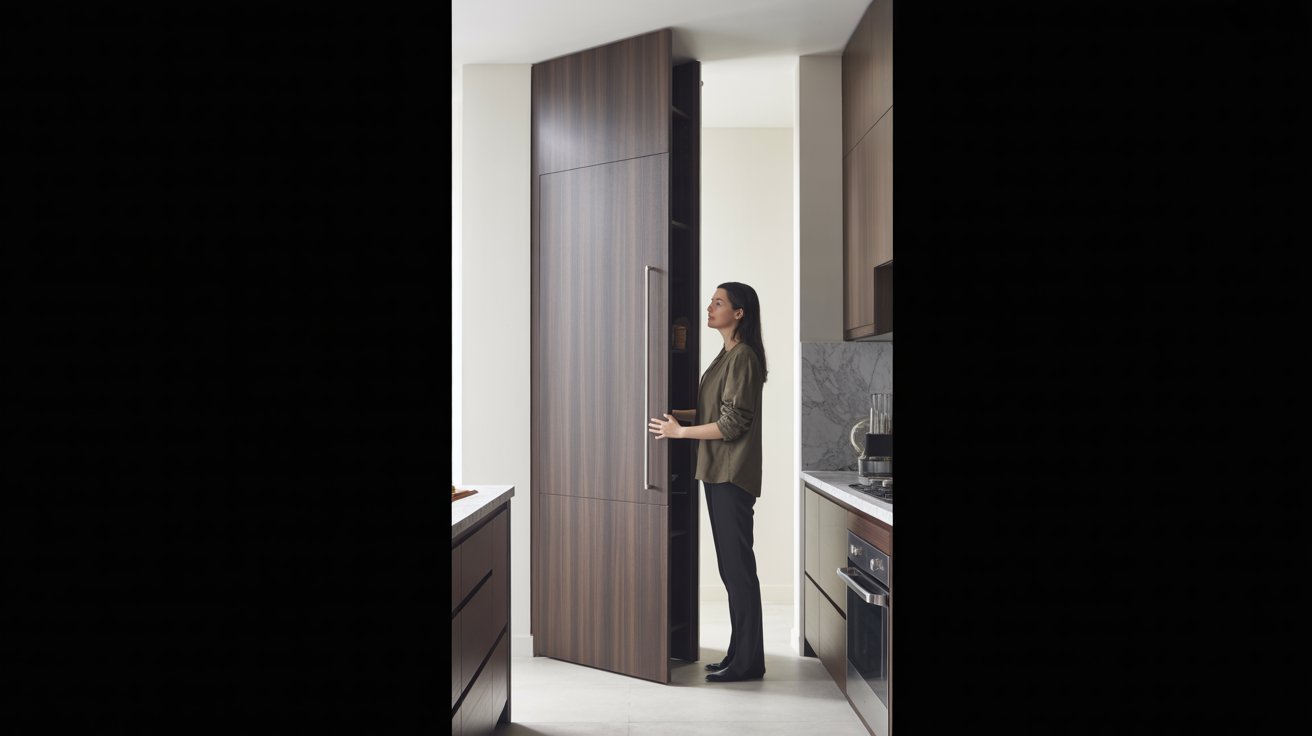 A woman stands in the doorway of a kitchen, looking out with a welcoming expression.