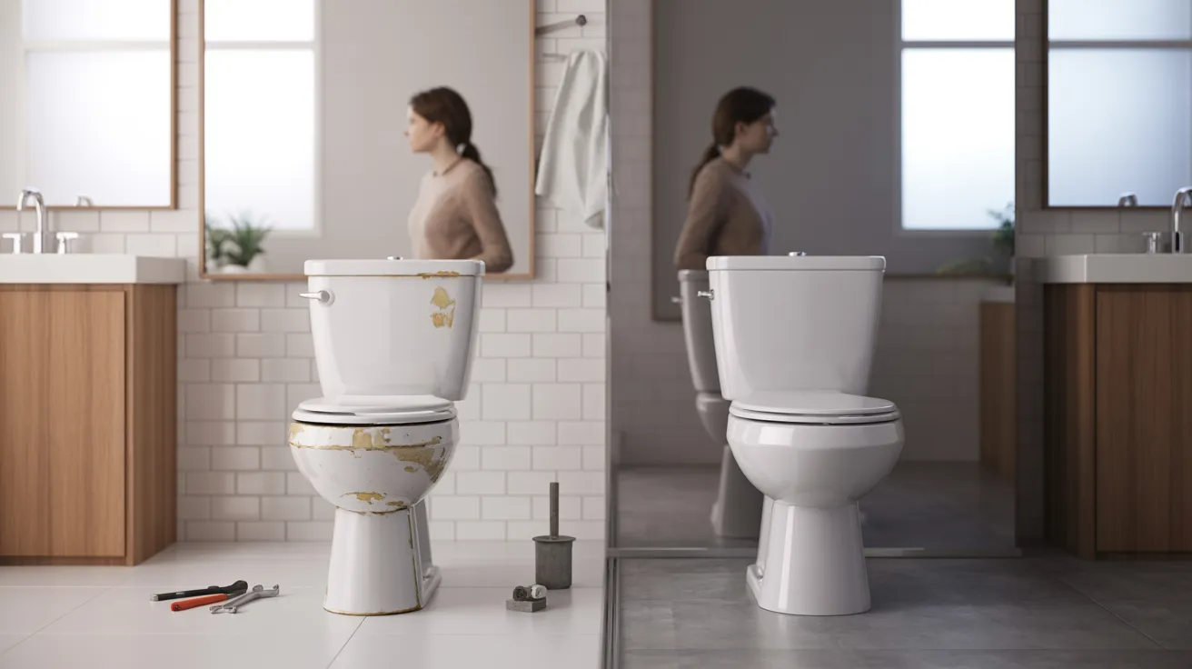Bathroom showing old toilet with repair tools and modern toilet highlighting cost decision between fixing or replacing.