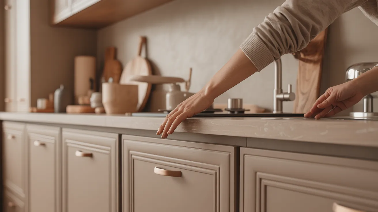 Matte finish kitchen cabinets with soft, elegant design in warm modern kitchen interior.