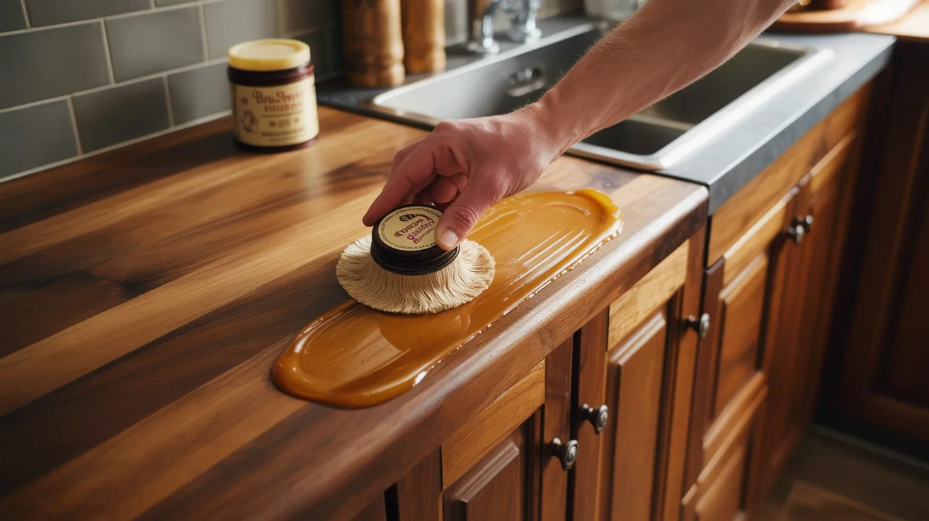 Beeswax being applied to wooden cabinets for deep protective shine and rich finish.