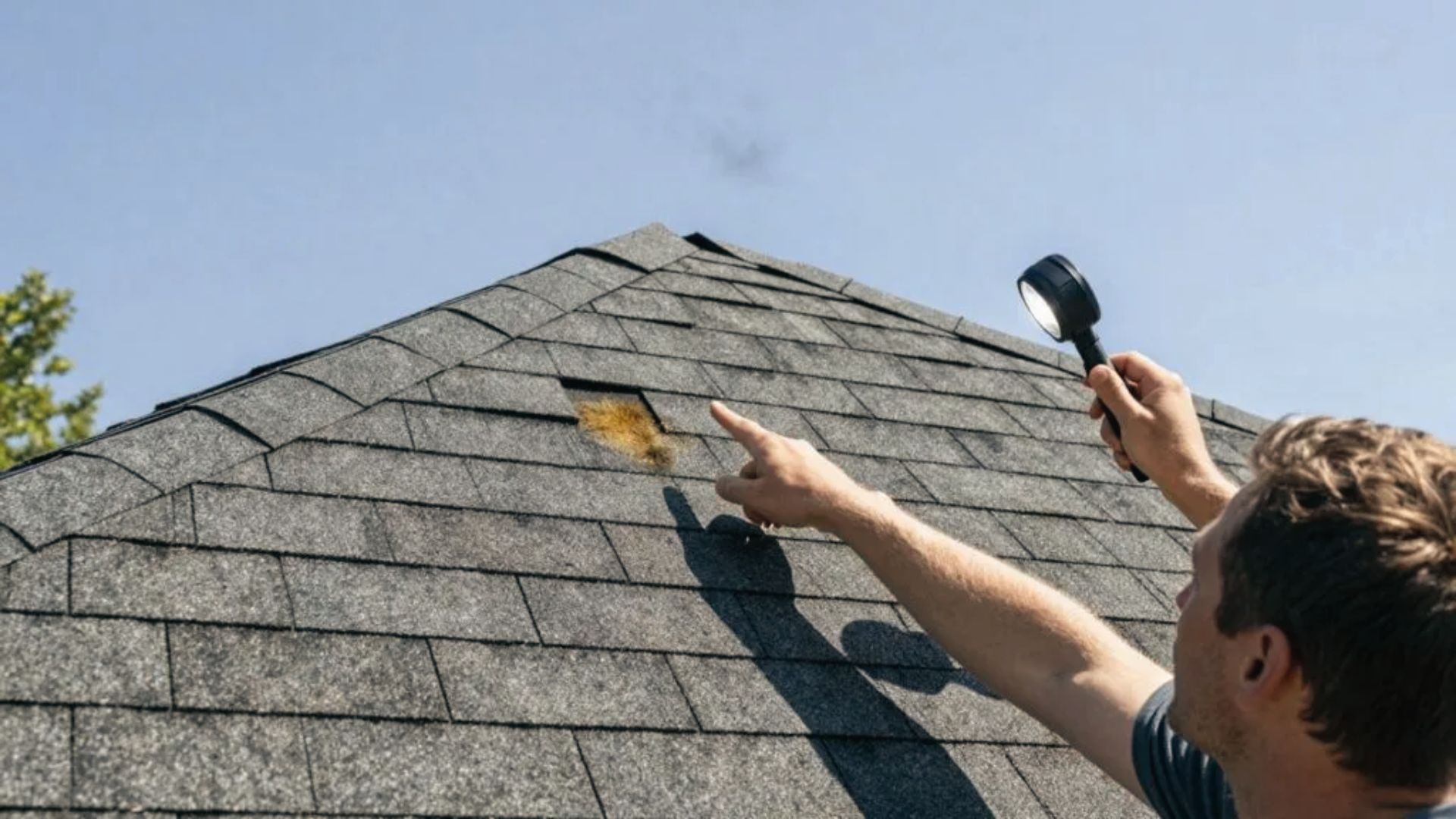 Homeowner inspects damaged roof shingles with flashlight to prevent leaks and structure issues
