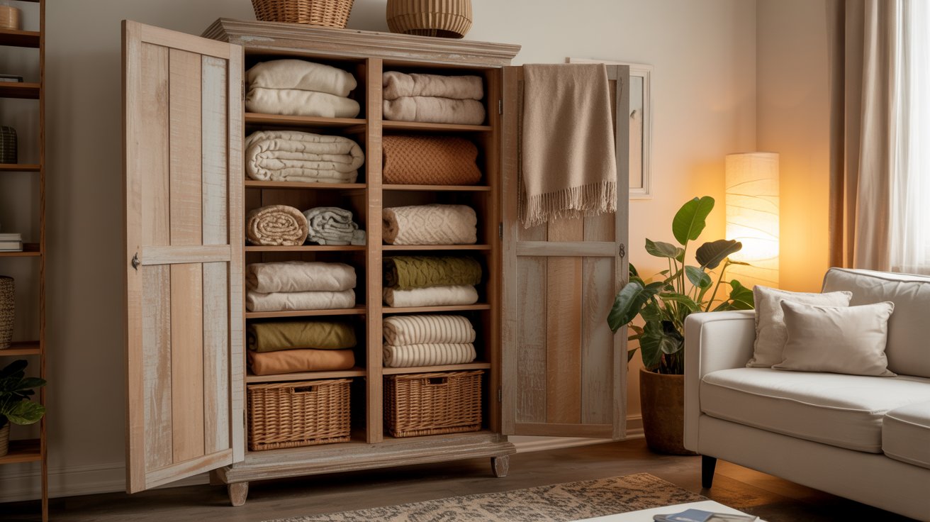 A vintage wooden armoire with glass doors displaying neatly rolled quilts and blankets on shelves.
