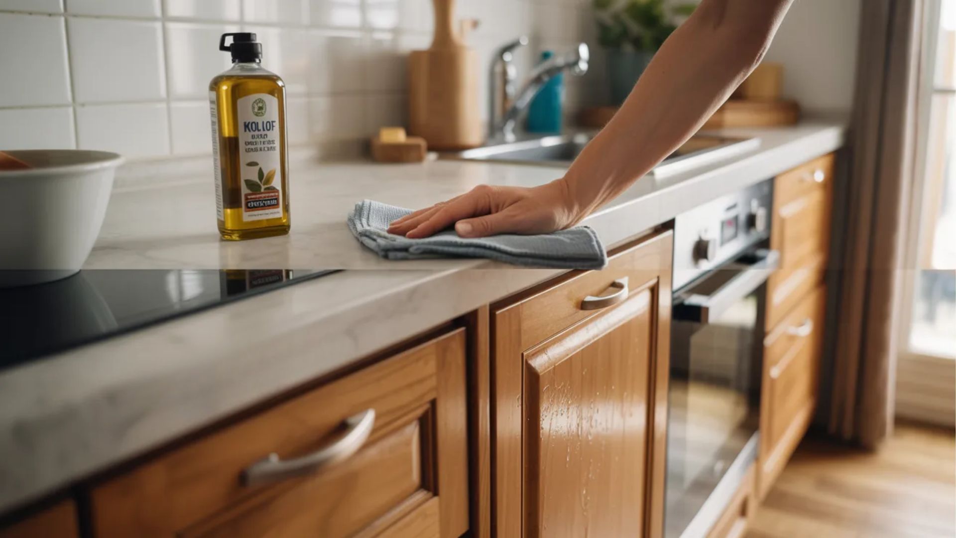 Person gently wiping wooden kitchen cabinets with microfiber cloth to maintain shine and cleanliness.