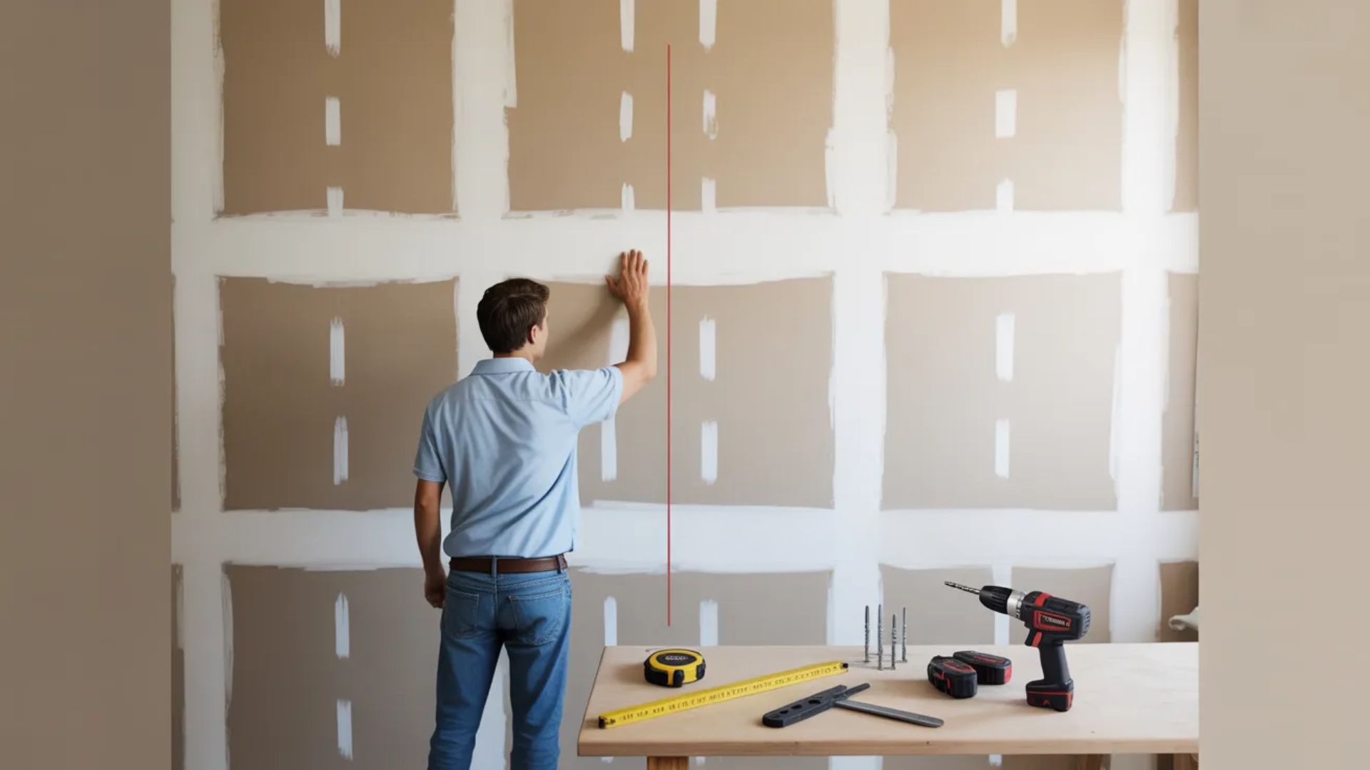 Person checking drywall wall for studs using tools before installing wall cabinets.