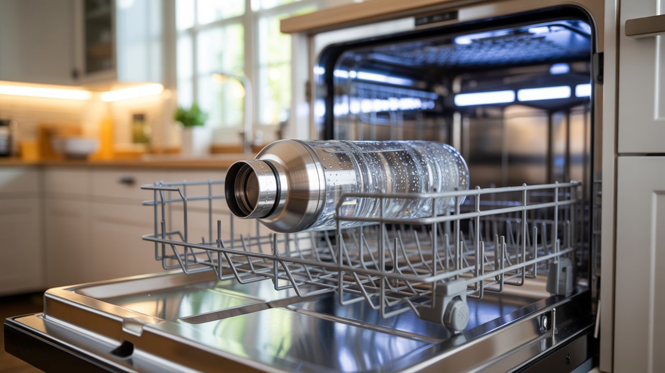 Reusable water bottle placed on dishwasher top rack with lid and parts for deep cleaning and odor removal"