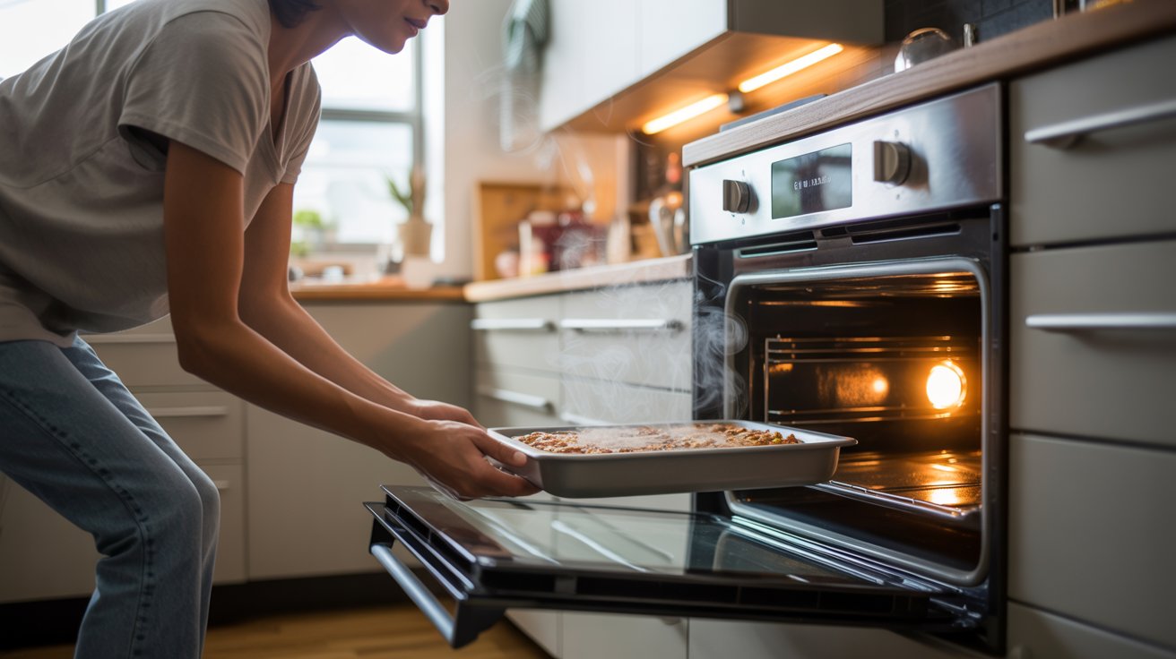 Person placing food into oven immediately after preheat beep in cozy modern kitchen scene