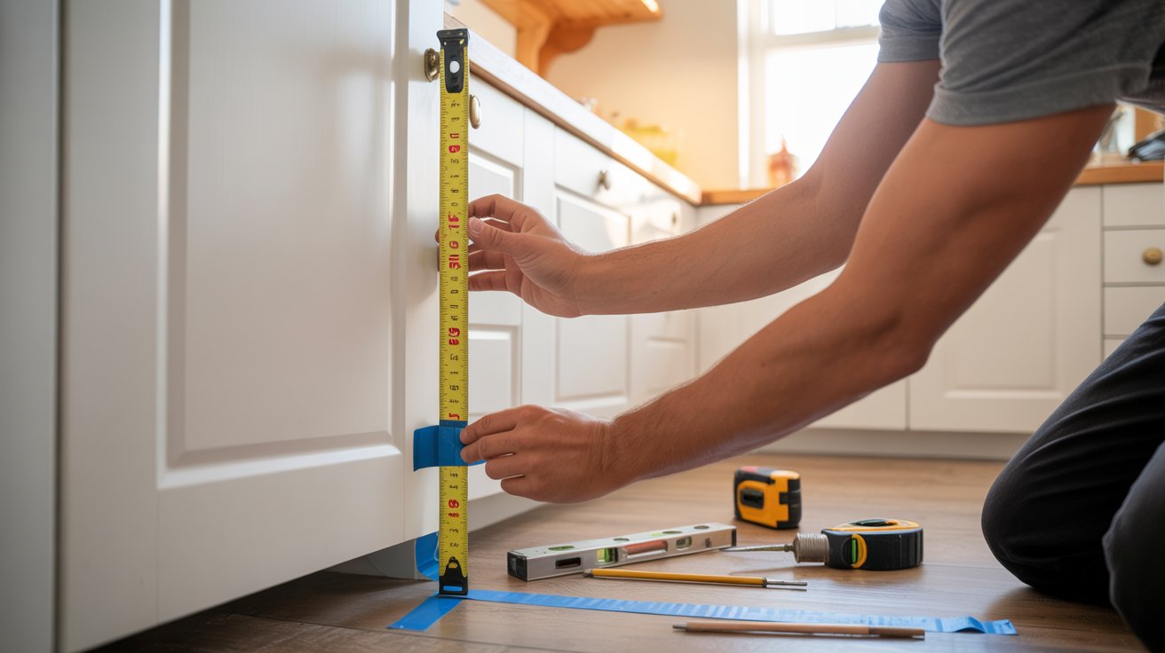 A man using a tape measure to check the height of a cabinet door in a workshop setting.