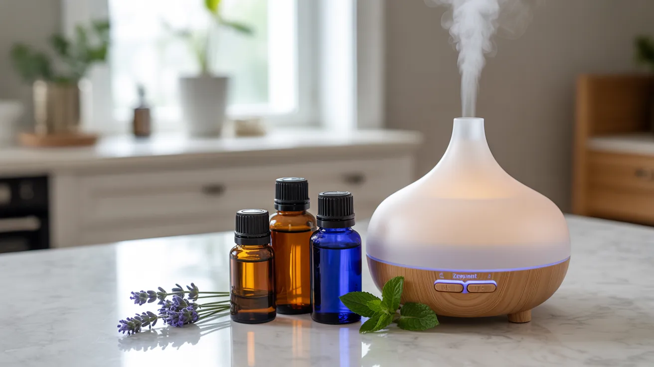 crucial oils like lavender lemon and peppermint placed near diffuser showing simple beginner setup for scenting a room