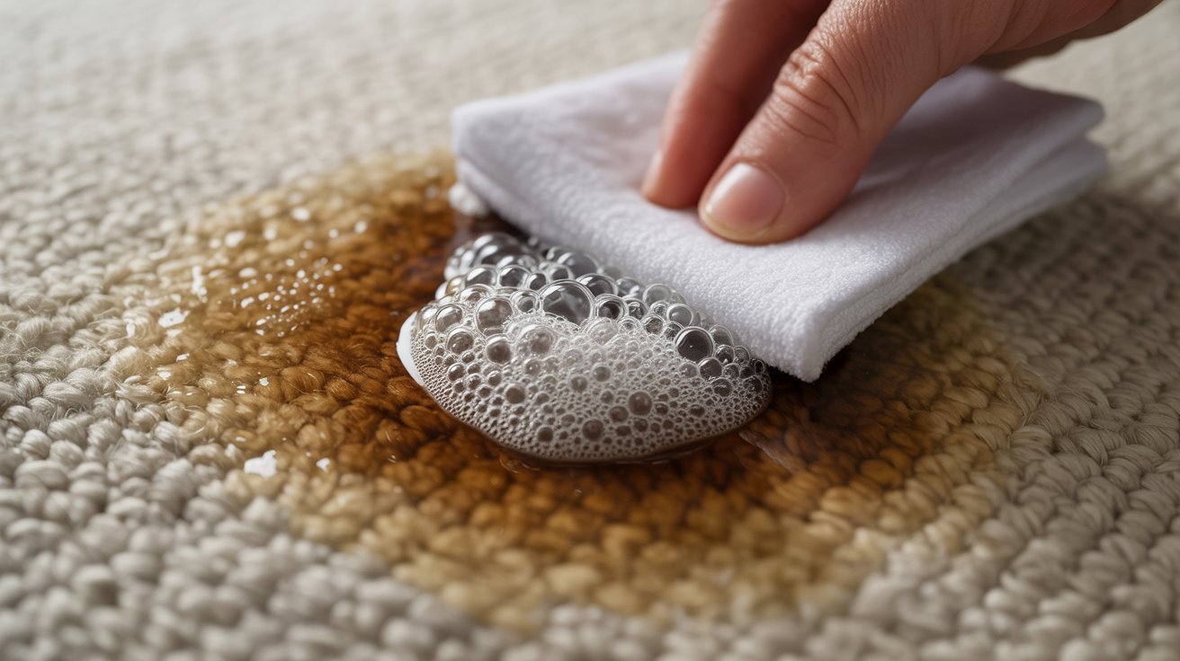A person using a cloth to clean a carpet, focusing on removing dirt and stains from the fabric surface
