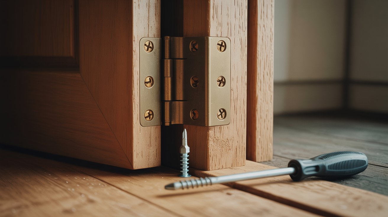 Close-up of a door hinge with screws being tightened to fix alignment issues causing a sticking door