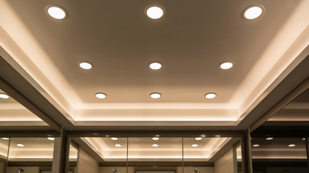 Modern bathroom ceiling lights provide even ambient lighting across the entire space.