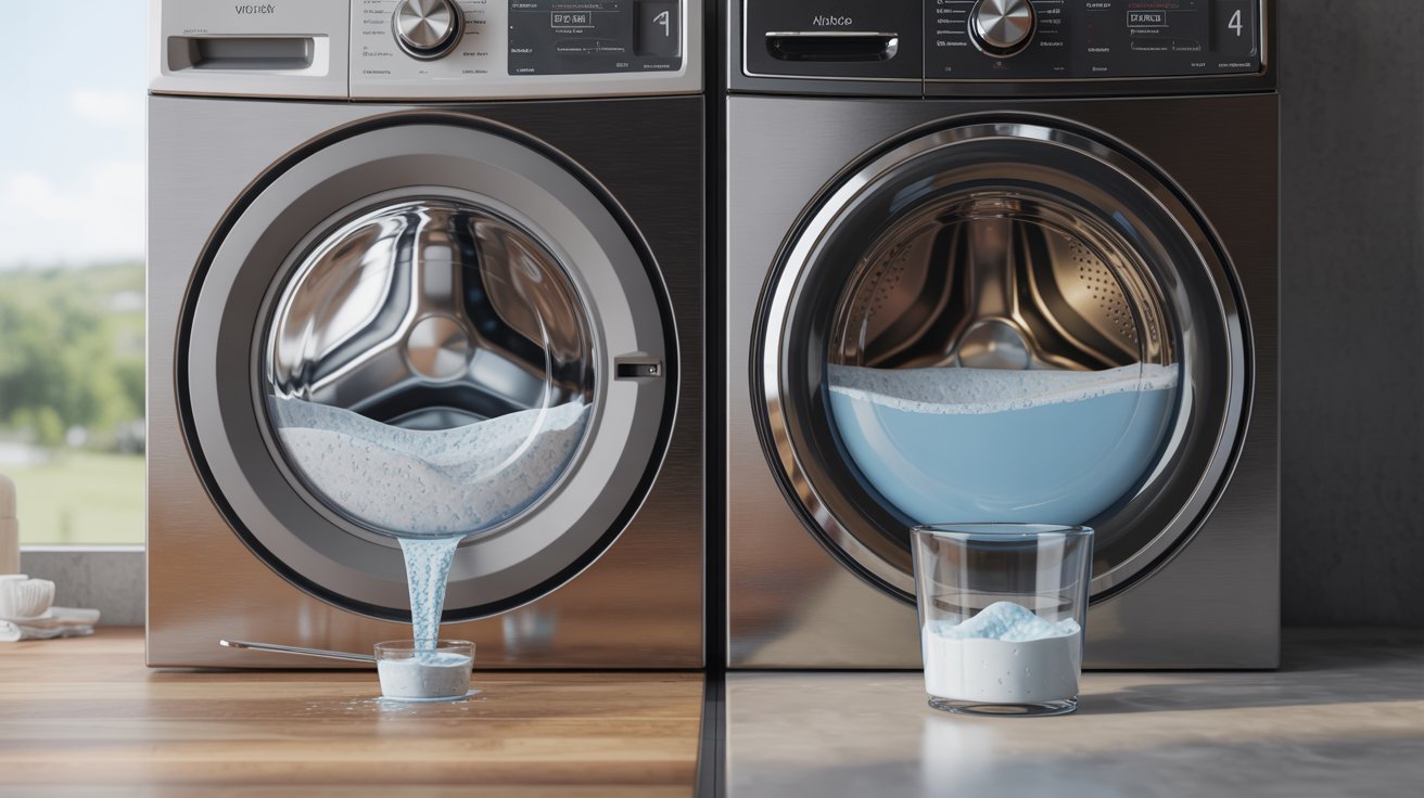 Ultra realistic side by side laundry setup showing high efficiency and top load washing machines with different water levels and detergent measurements