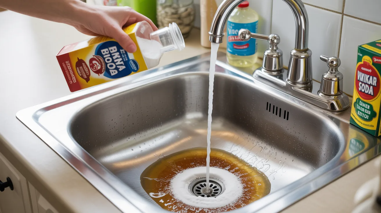 Baking soda and vinegar fizzing inside kitchen sink drain to remove clog.
