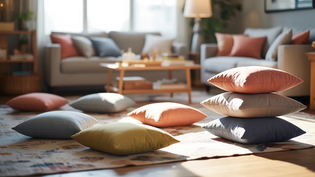 Colorful pillows scattered on the floor of a cozy living room, adding a touch of comfort and style to the space.