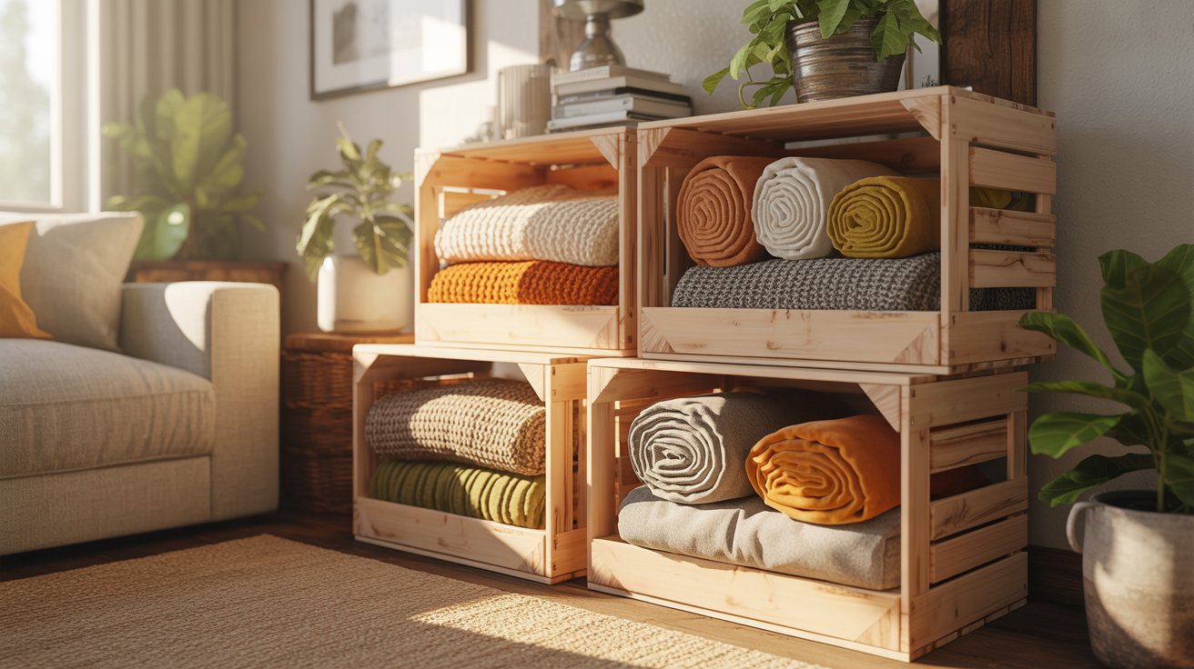 A sunlit living room with stacked wooden crates storing rolled and folded blankets sorted by color and texture.