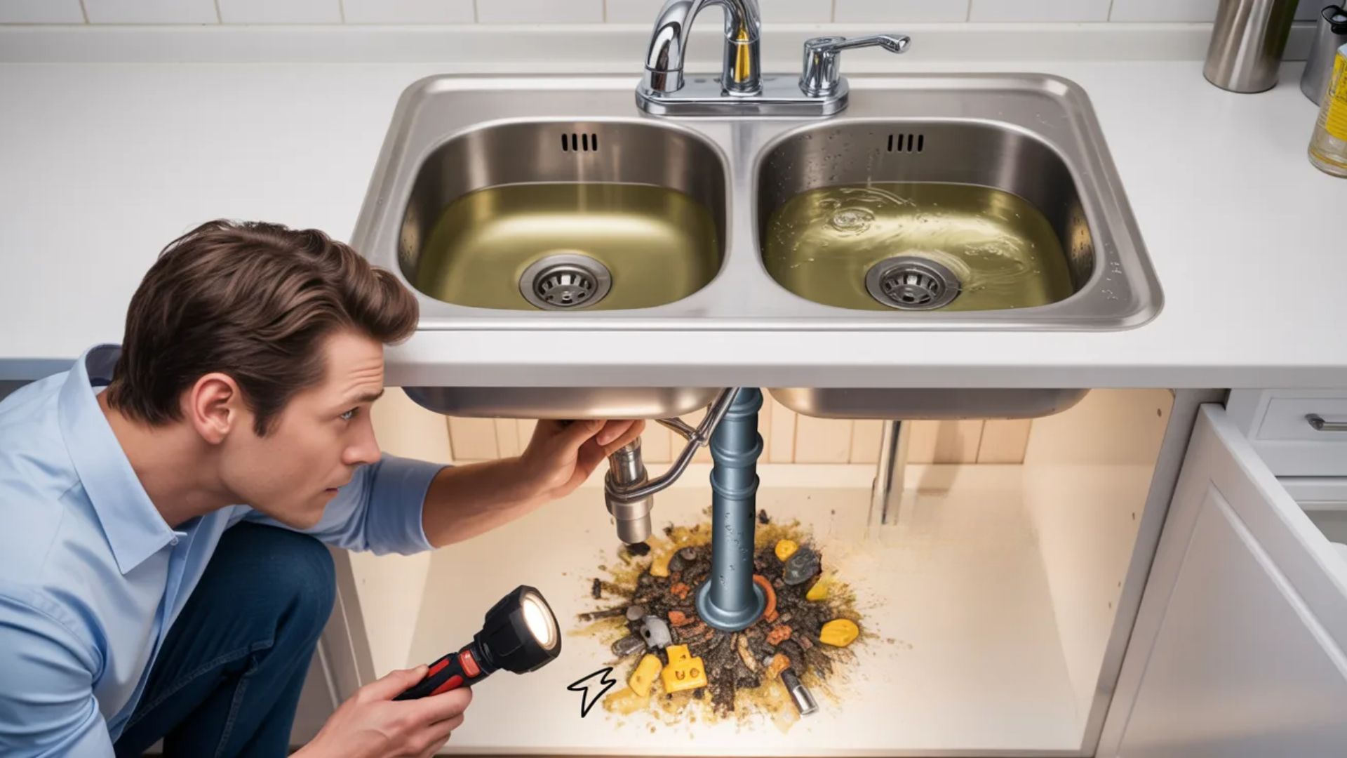 Double kitchen sink clogged with water showing shared drainpipe blockage underneath causing backup on both sides.