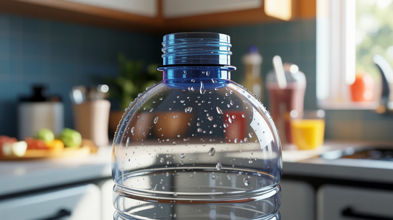 Close-up of water bottle interior showing moisture and residue buildup that can cause bad smell from bacteria"