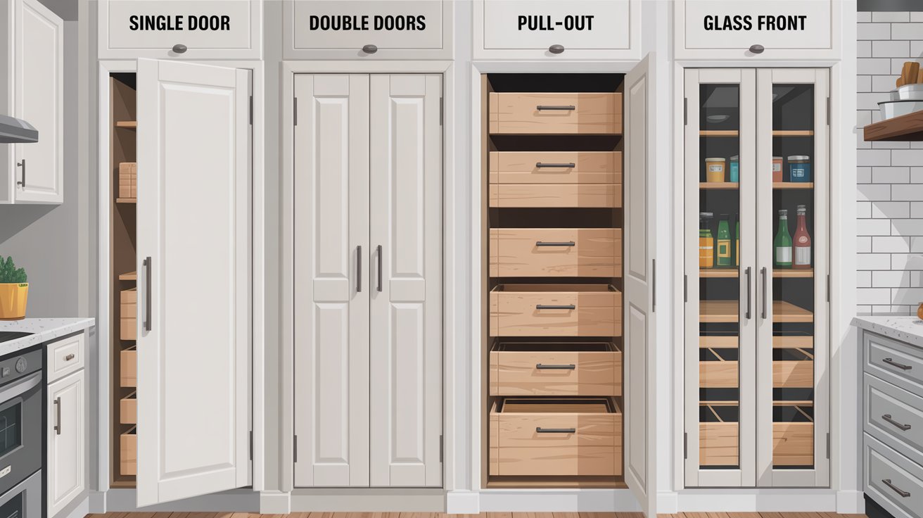 A kitchen featuring various styles of cabinets, showcasing a blend of modern and traditional designs.