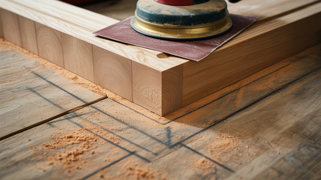 Close-up of a wooden door edge being sanded with visible pencil marks and wood dust to fix sticking issues