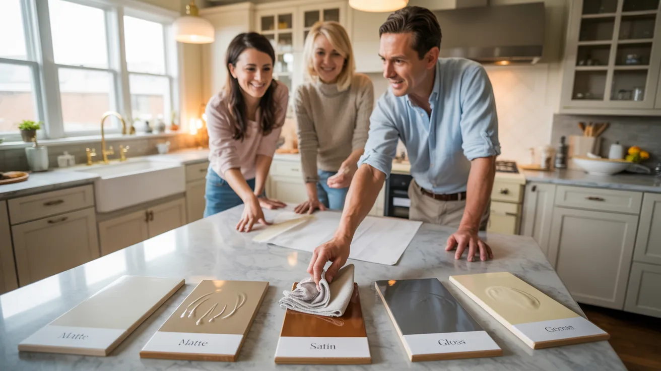Homeowners comparing kitchen cabinet sheen samples with a designer in a modern kitchen setting.