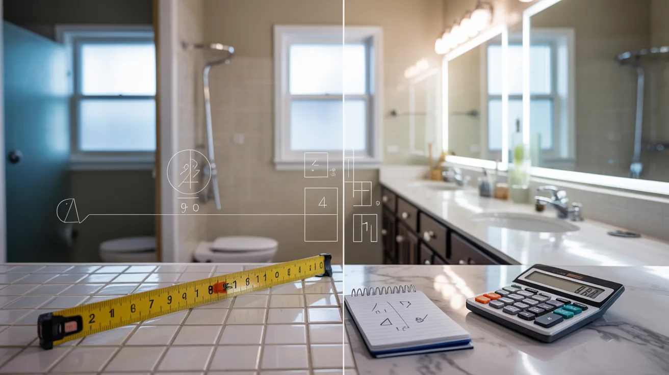 Bathroom lighting calculation concept showing formula for lumens based on bathroom size and brightness levels.