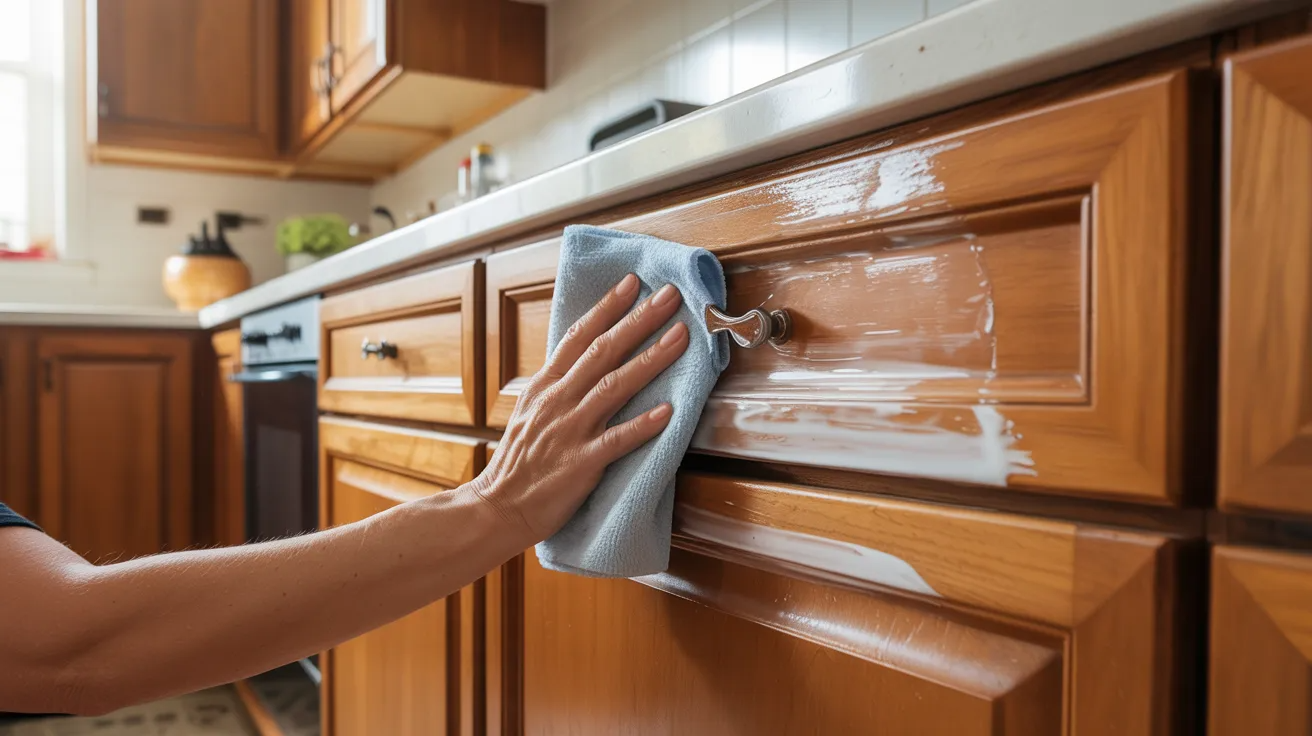 Person applying wood polish to kitchen cabinets creating instant glossy shine.