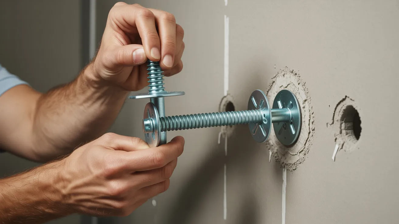 Wall anchors being inserted into drywall holes for secure cabinet mounting.