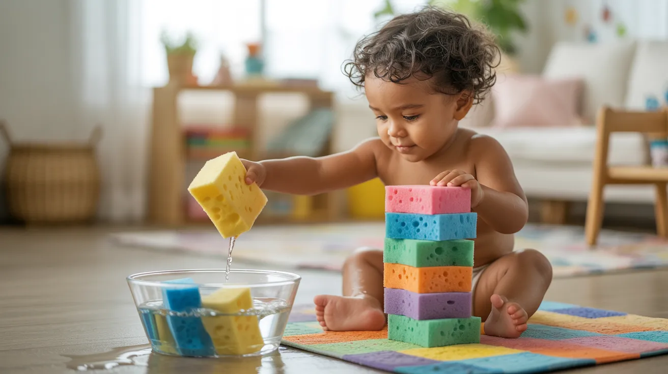 A baby sits on the floor, happily playing with colorful blocks scattered around them.